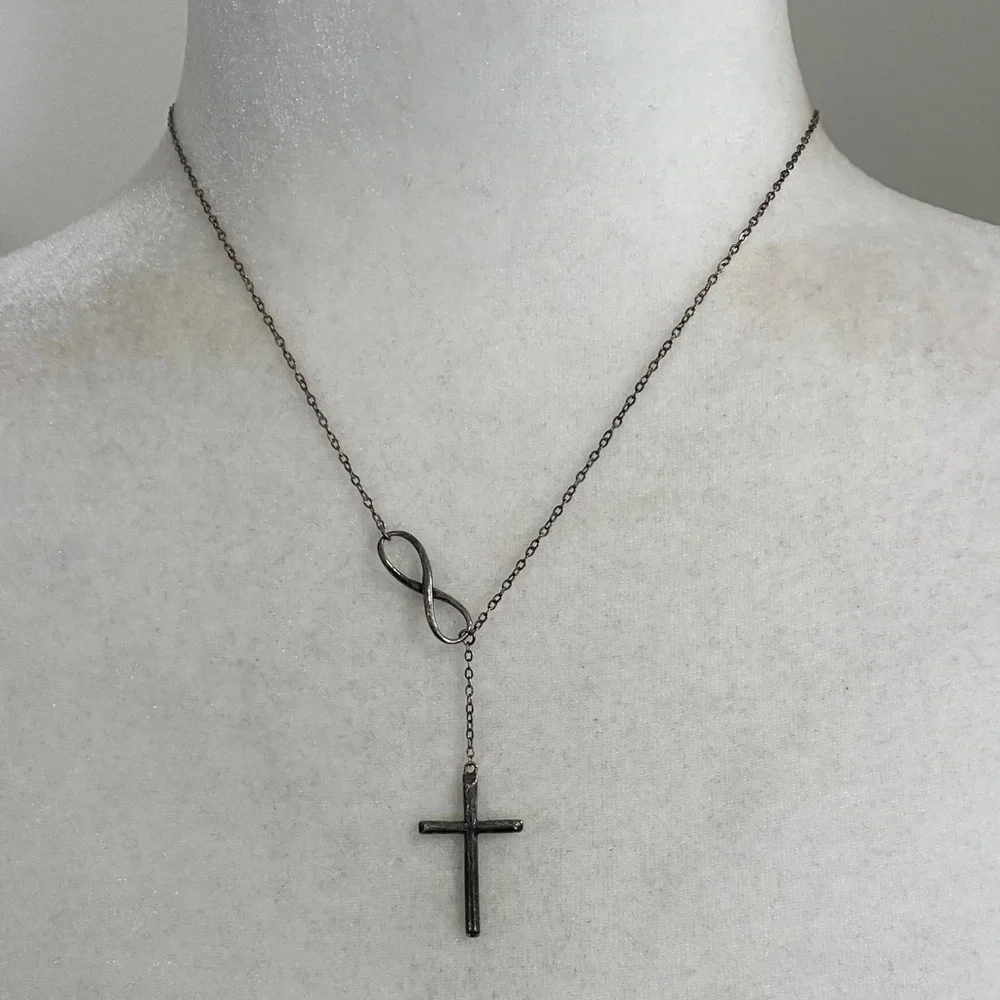 Antiqued Infinity Cross 925 Sterling Silver Lariat Y-Necklace Christian Faith